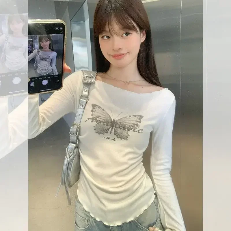American Print Tshirts Vintage Tees Slim Waist Folds Camisetas Aesthetic Women Long Sleeve Y2k Edible Tree Fungus