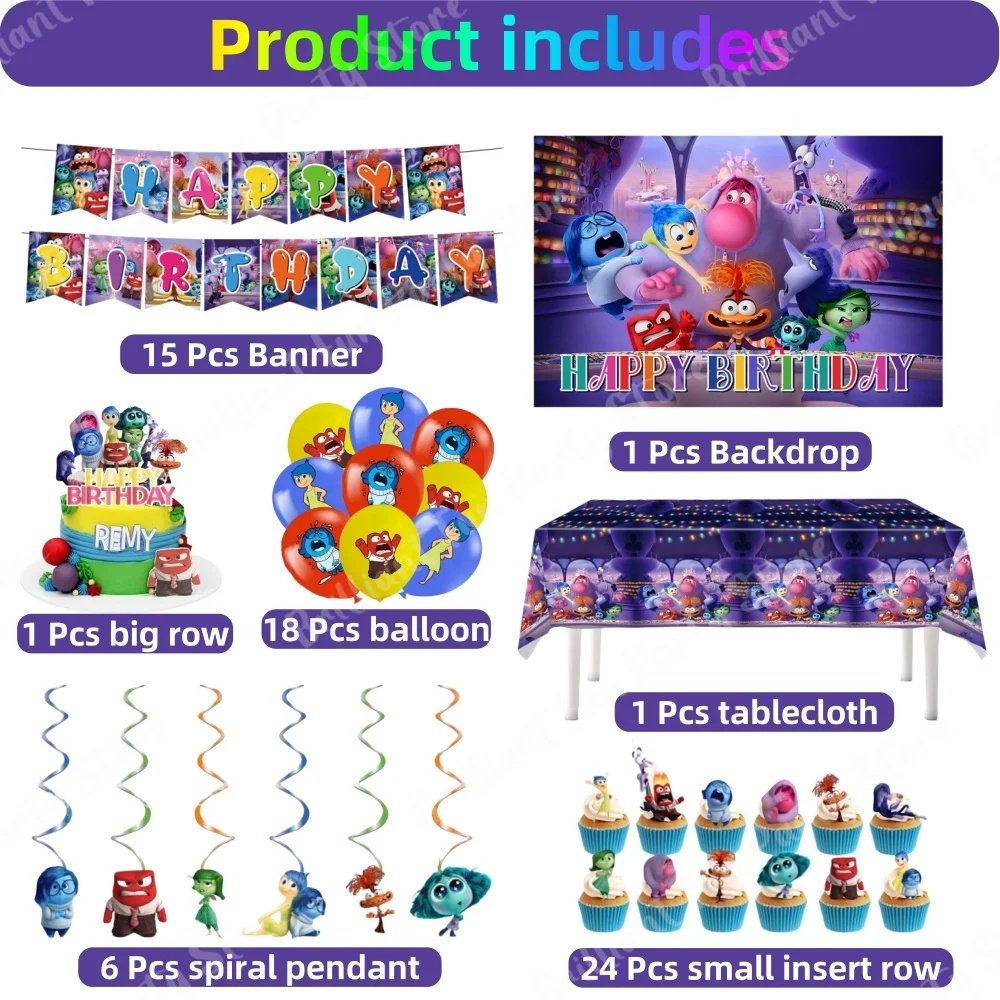 66Pcs Disney Inside Out 2 Birthday Decoration Party Latex Balloon Banner Cake Topper Backdrop Tablecloth Supplies Kids Gift Set