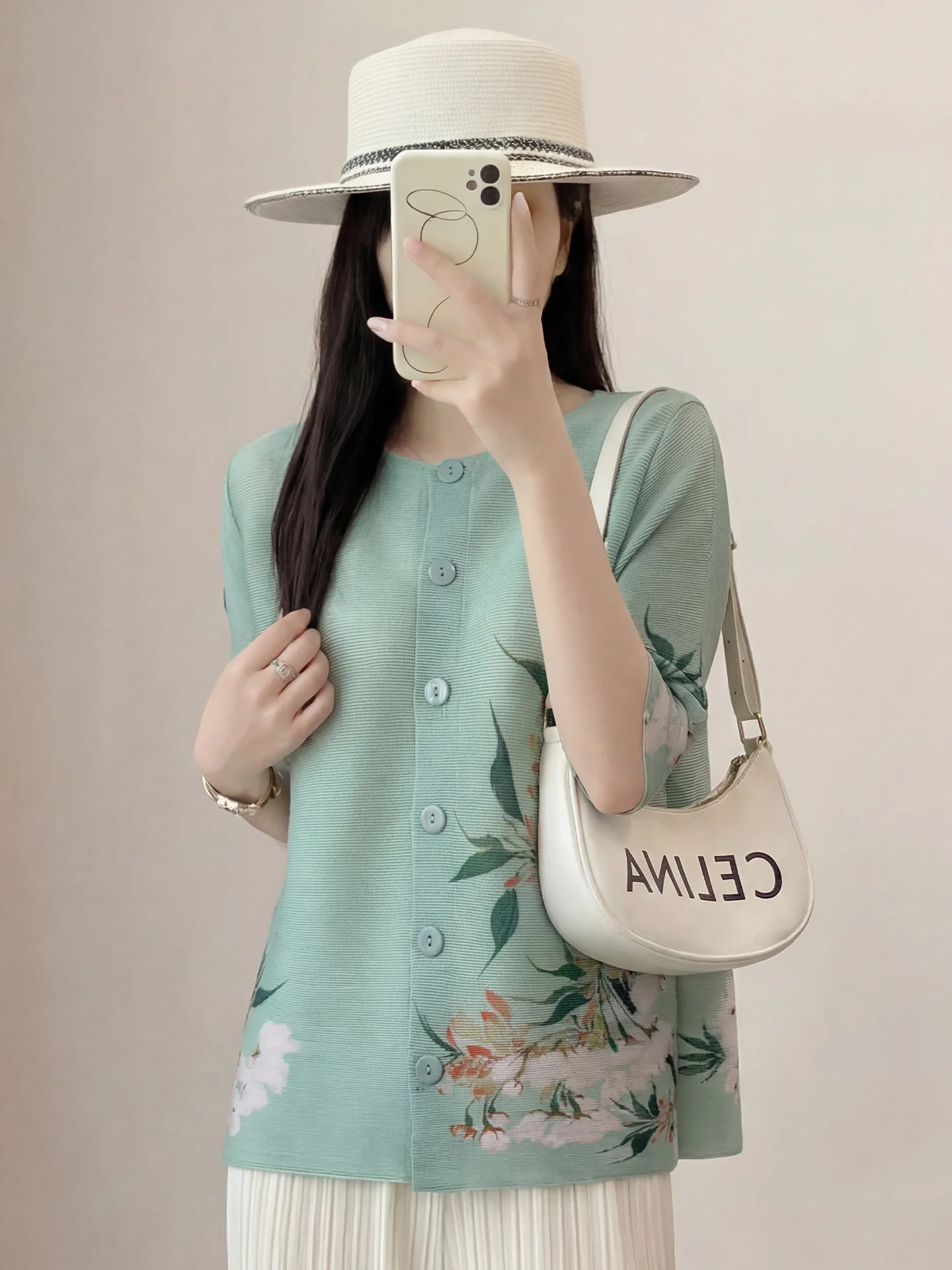

New Chinese Style Green Floral Pleated Top Set Women Summer Loose Slimming Two Piece Dress Trendy Straight Tube Silk Shirt
