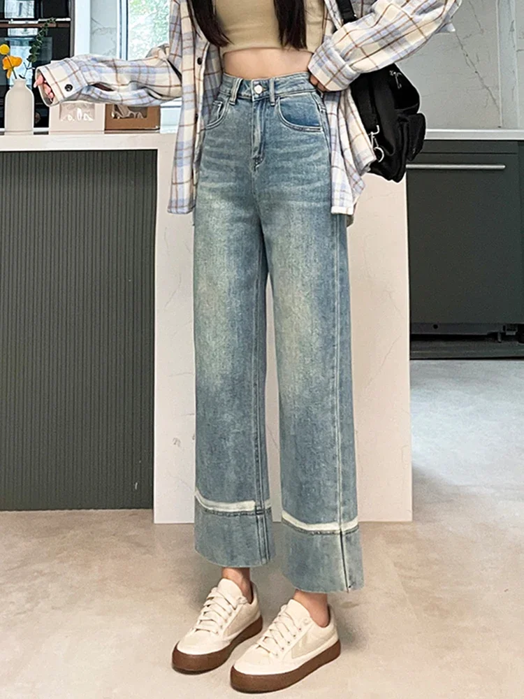 Summer Street Vintage Casual Chicly Elastic Baggy Jeans Women Fashion High Waist Simple Washed Distressed Female Wide Leg Pants