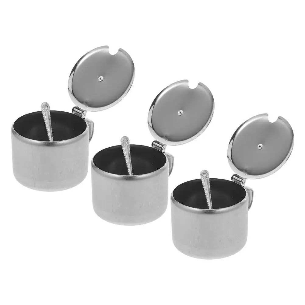 3Set Stainless Steel Sugar Bowls Spice Salt Pepper Container Kitchen Condiment Bowls Pot Spoon Lid Multipurpose Storage