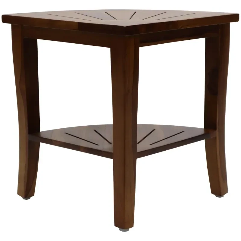 

Teak Corner Shower Bench Shaving Seat, Natural Woodgrain Finish, Under Seat Accessory Shelf
