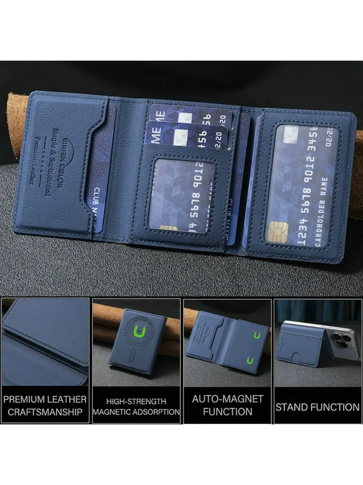 Magnetyczny skórzany portfel na karty, kompatybilny z funkcją MagSafe, etui na telefon z klapką, przegródkami na karty, funkcją podstawki, pokrowiec Funda. — zdjęcie produktu 7