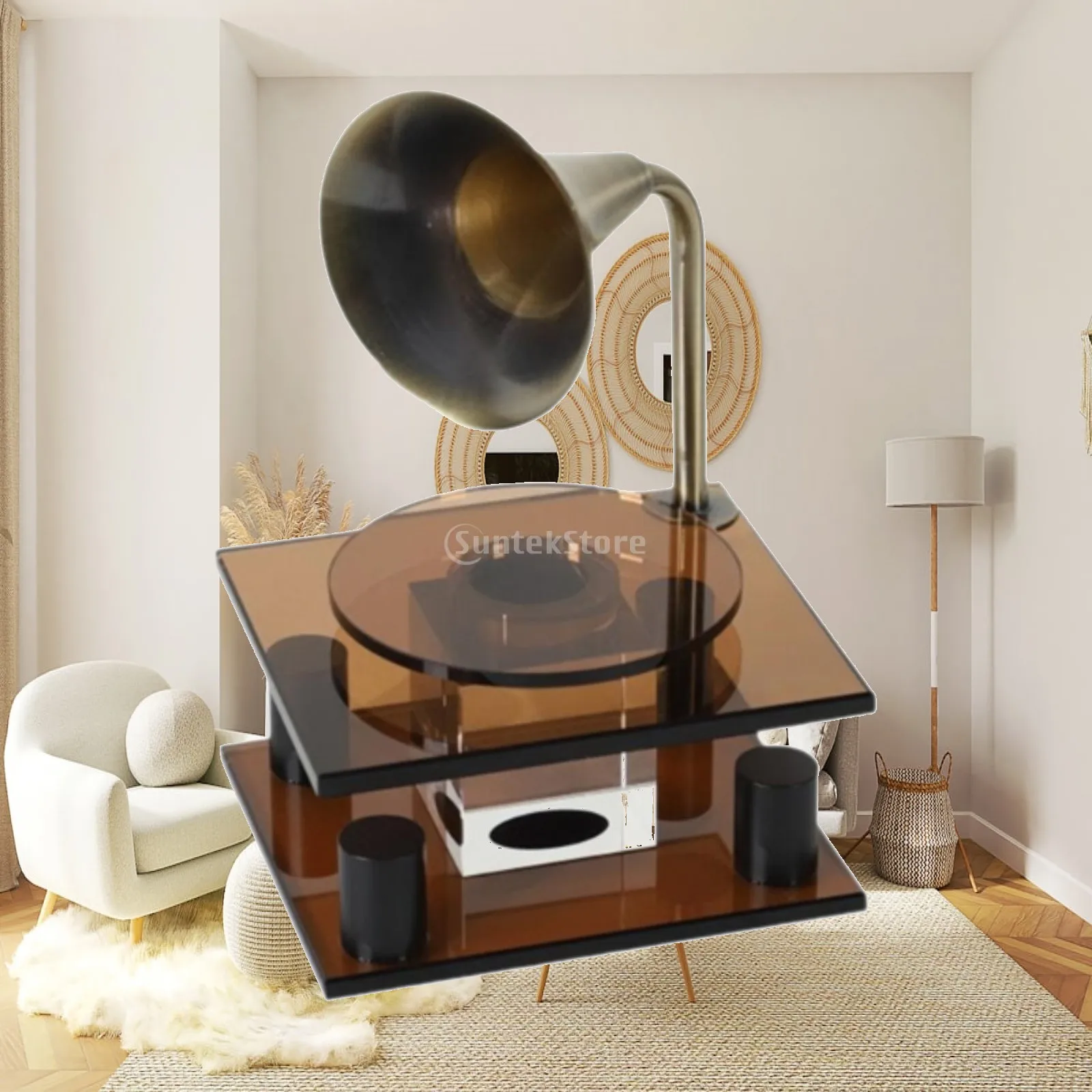 Phonograph Model Collectible Metal Glass Art Decor Record Player Statue Gramophone Player Ornament for Cafe Desktop Decor