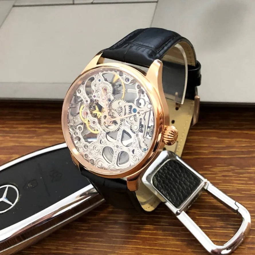 41mm GERRVO No Logo St3600SK Hollow Out Skeleton Manual Winding Movement 21,600 Dph Rose Gold Case Men\'s Pilot Watch GR1216-22