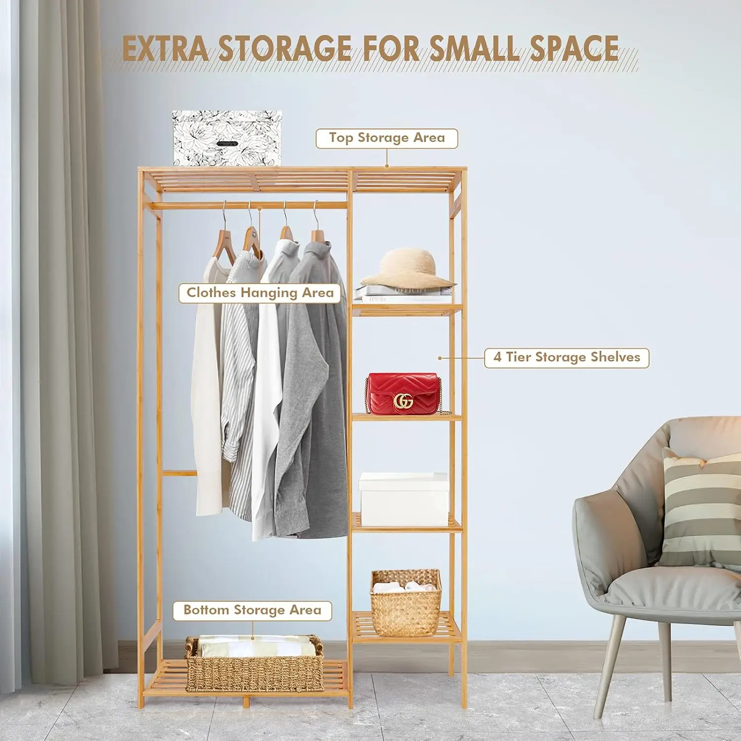 Clothing Rack with 6 Tier Storage Shelf Multifunctional Garment Organizer Wardrobe Closet for Guest Room Kids Baby Bedroom Entry