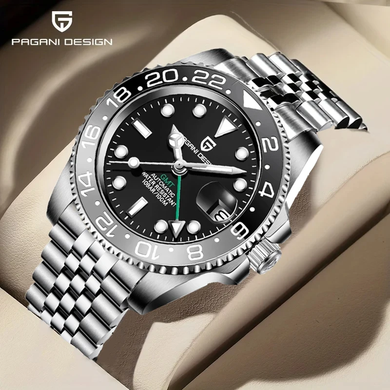 PAGANI DESIGN 2025 40MM GMT Reloj de pulsera mecánico Bisel de cerámica de zafiro Reloj automático Acero inoxidable 100M Reloj impermeable