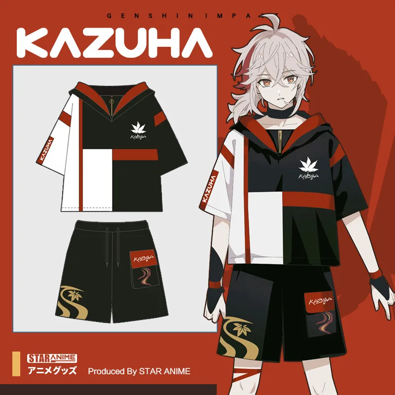 

Anime Genshin Impact Kaedehara Kazuha Cosplay Summer Loose Hooded Short Sleeve T-shirt Tops Tee Shorts Set Daily Casual Student
