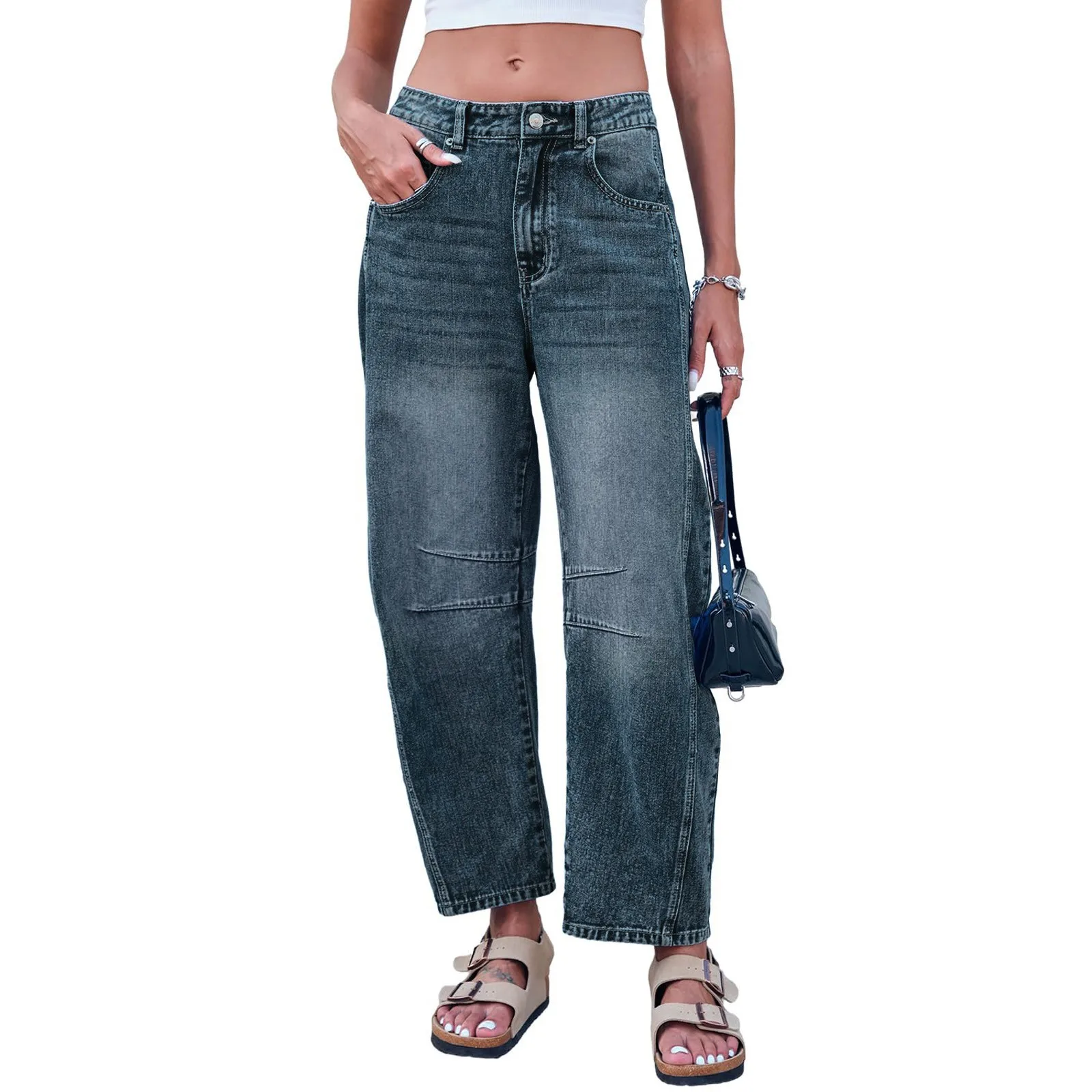 

Mid Rise Women Barrel Denim Pants Wide Leg Loose Cropped Denim Pants Loose Korean Fashion Denim Trousers Casual Y2k Jeans