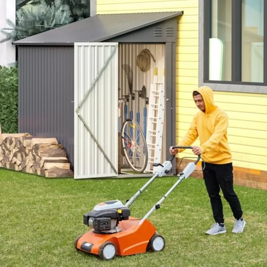 Garden patio storage shed: 4x8 ft metal outdoor cabinet, grey, lockable for tool, bike mower organization, portable and weather