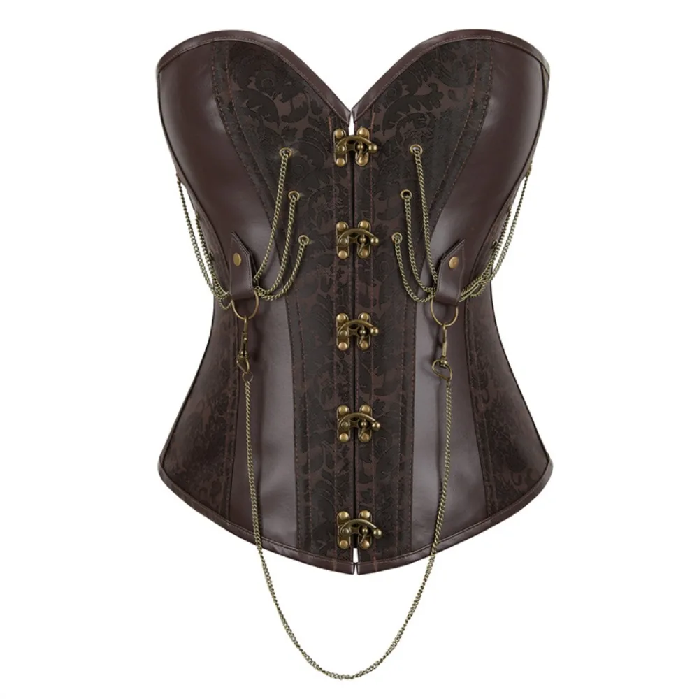 

Женский винтажный готический корсет, верхнее нижнее белье для похудения, формирователь на шнуровке, бюстье без бретелек, украшение с цепочкой на груди, коричневый