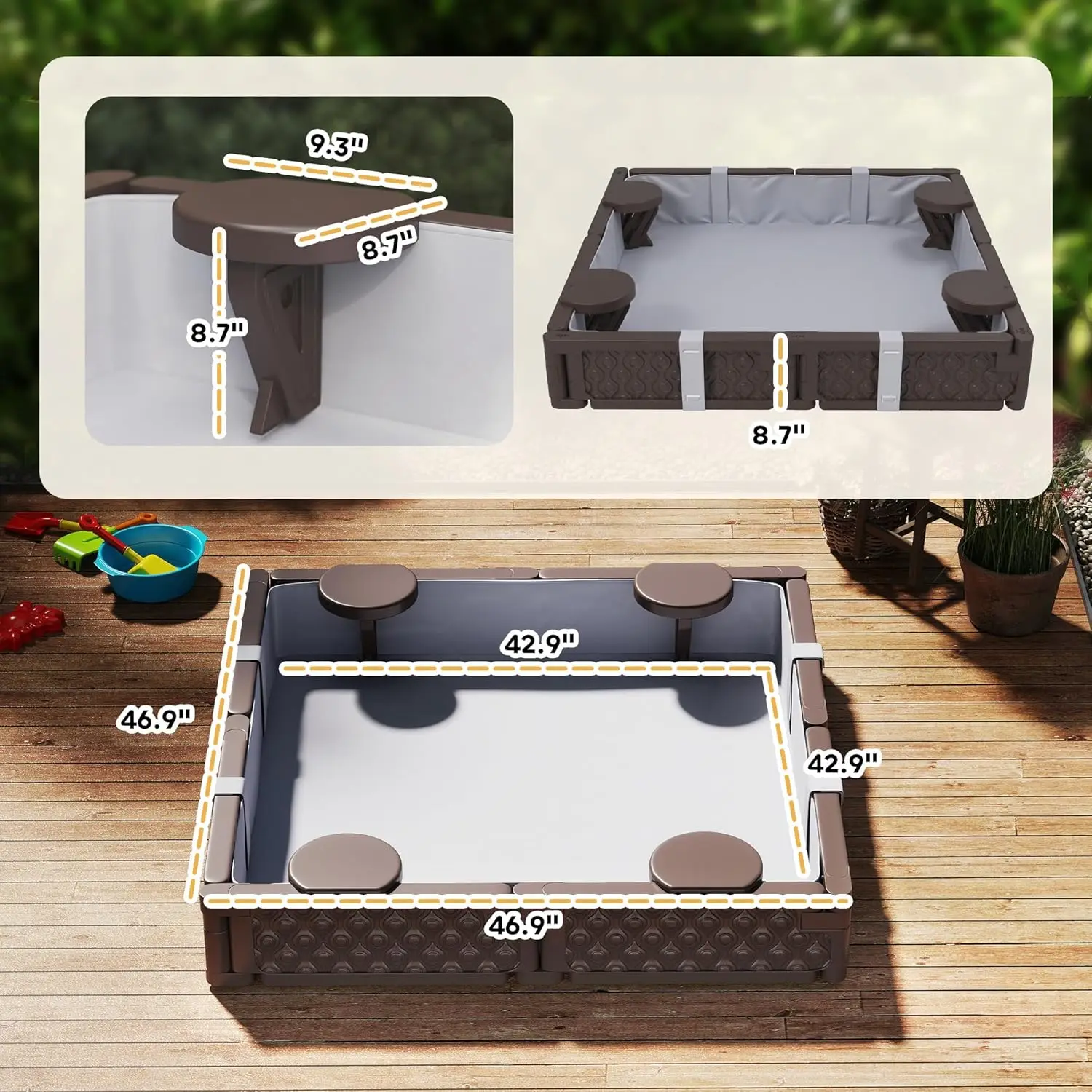 Sandbox per bambini con coperchio, fossa di sabbia da 47 "con rivestimento inferiore impermeabile, 4 sedili incorporati, scatola di sabbia per esterni resistente alle intemperie fo