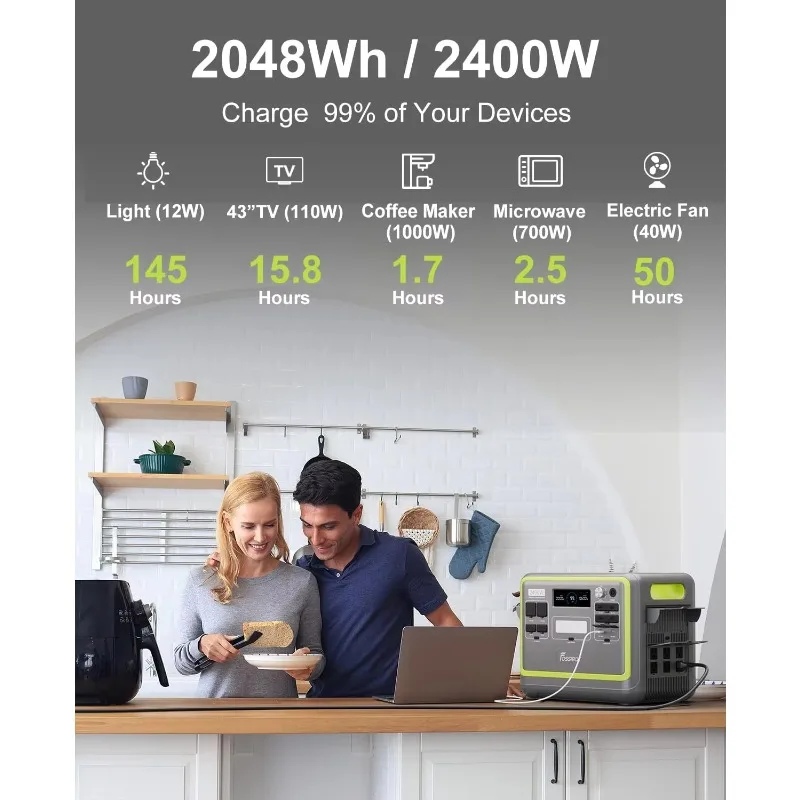 

FOSSiBOT F2400 Portable Power Station 2400W (4800W Peak) 2048Wh LiFePO4 Battery Solar Generator 1100W AC 500W Solar Charging