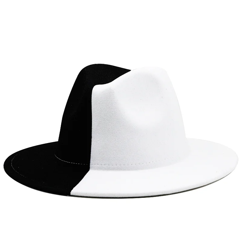 Black White Patchwork Wool Felt Jazz Fedora Hat Women Unisex Wide Brim Panama Party Trilby Cowboy Cap Men Gentleman Wedding Hat