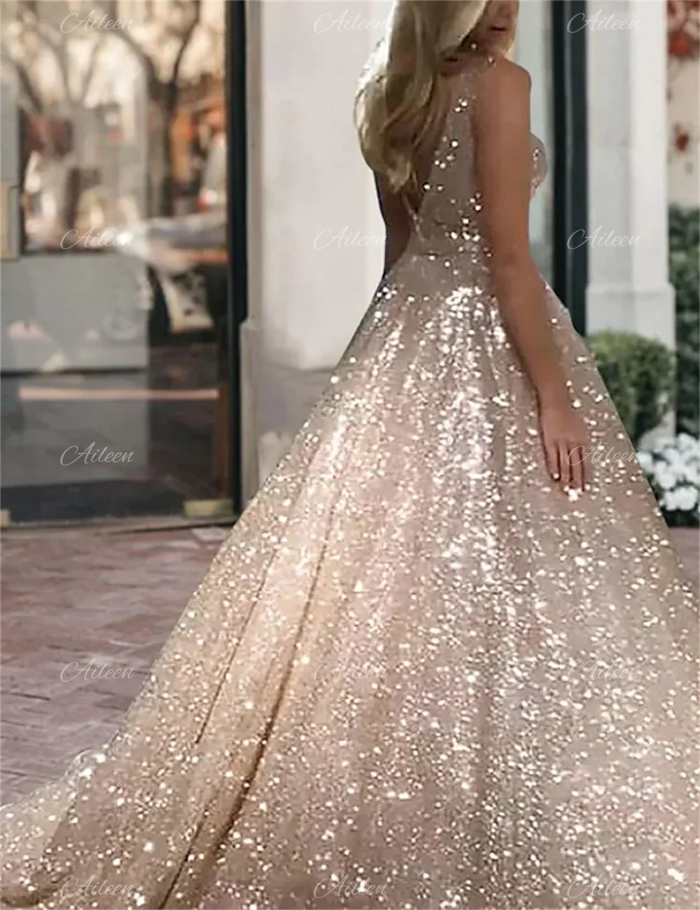 Shiny Formal Dresses Champagne V-neck Wedding Dress A-line Robe Evening Dresses Long Luxury 2023 Occasion Cocktail Home Women\'s