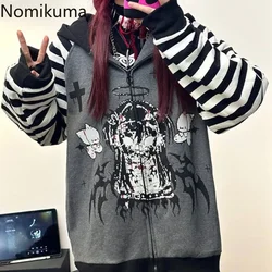 Hooded Striped Sweatshirts for Women Streetwear Punk Hoodies Tops 2024 Ropa Mujer Y2k Clothes Casual Anime Print Zipper Hoodie