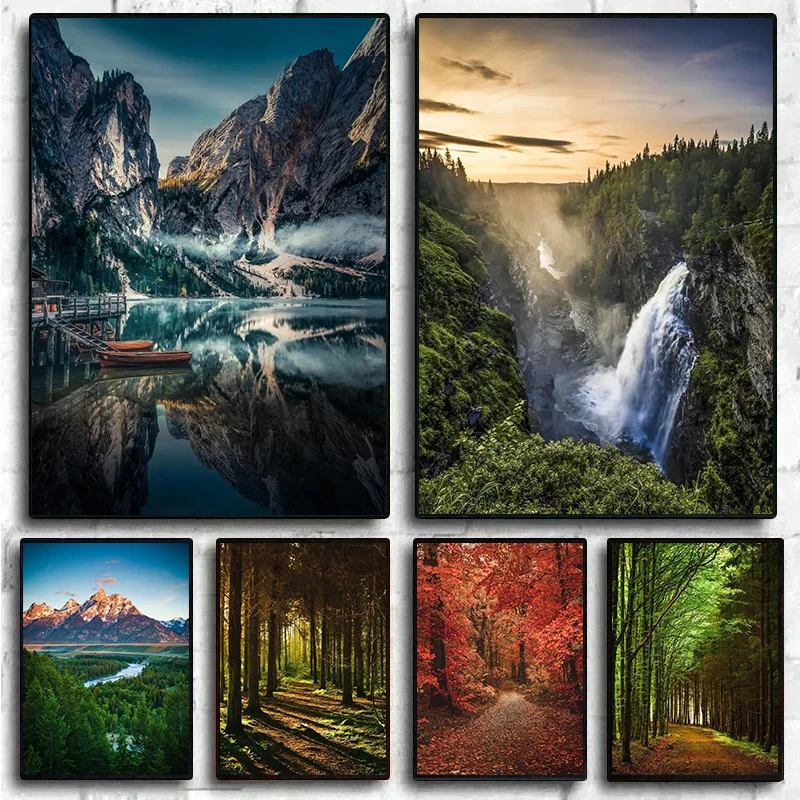 

Современный постер с изображением озера, леса, деревьев, гор и камней, картина с пейзажем природы, настенный художественный принт, декор для дома