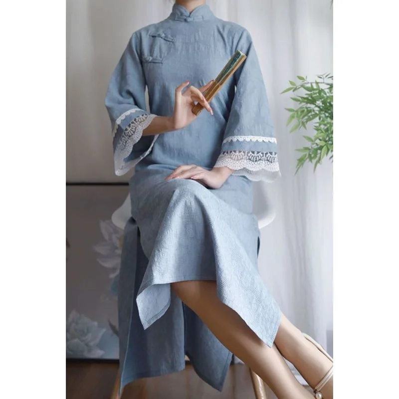 

Original Inverted Sleeves Cheongsam Improved Pure Cotton Jacquard Summer Full Open Front Chinese Style women Loose Qipao Hanfu