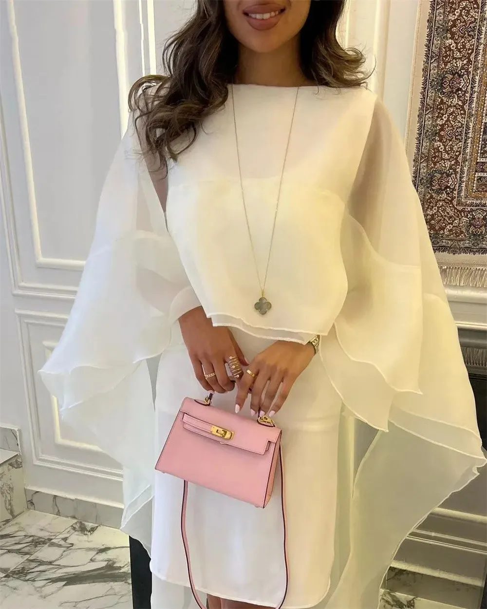 MULONG Short Knee Length Said Nude Dubai Evening Dress with Cape Sleeves Ivory Arabic Formal Dresses for Women Wedding Party