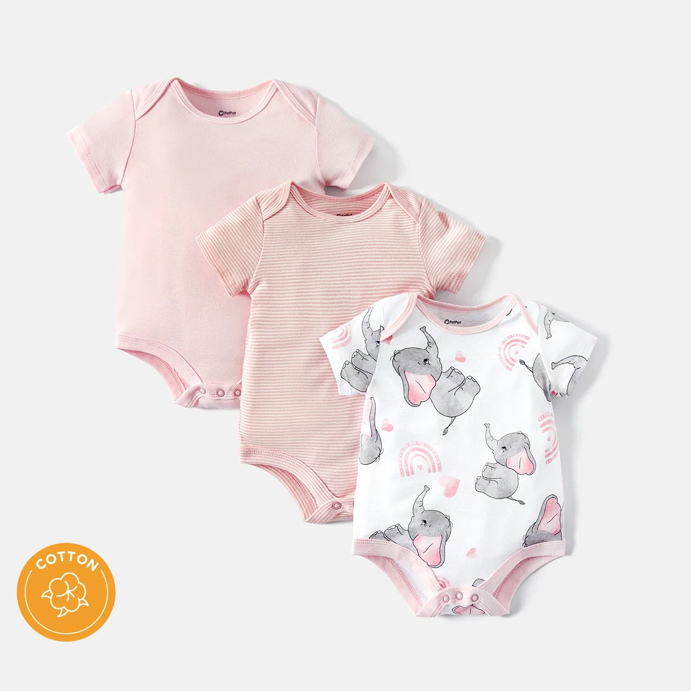 PatPat 3-Pack Baby Girl/Boy Elephant Print/Solid Color Short-sleeve Rompers Perfect for Outings and Daily Wear Basic Style