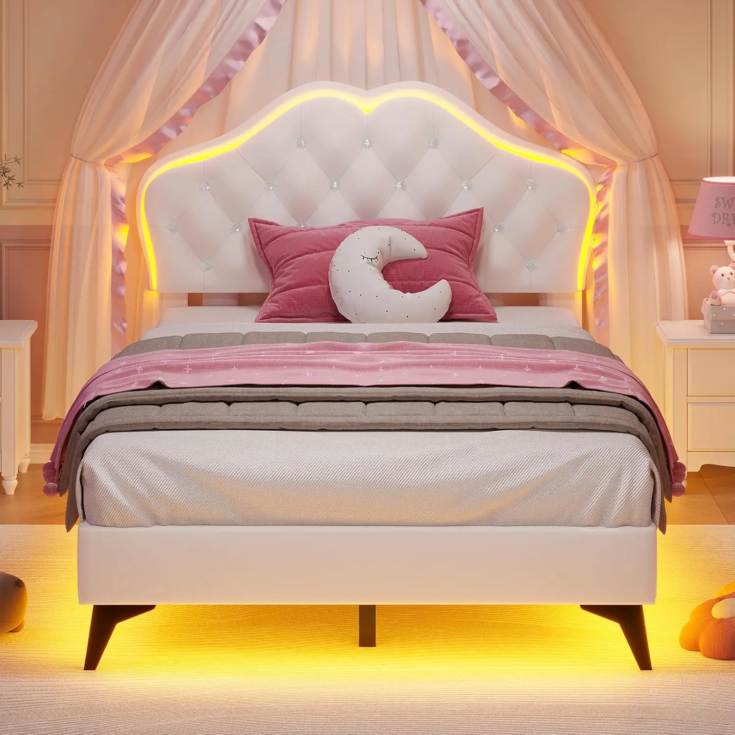 Twin Bed Frame with LED Lights, Princess Bed Frame with Adjustable Crystal Button Headboard, Velvet Upholstered