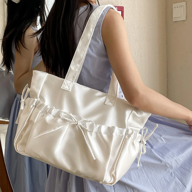 

Elegant Bow Womens Shoulder Bag Nylon Pleated Korean Style Fashion Tote Bag Large Capacity Cute Pink Sweet Female Handbag