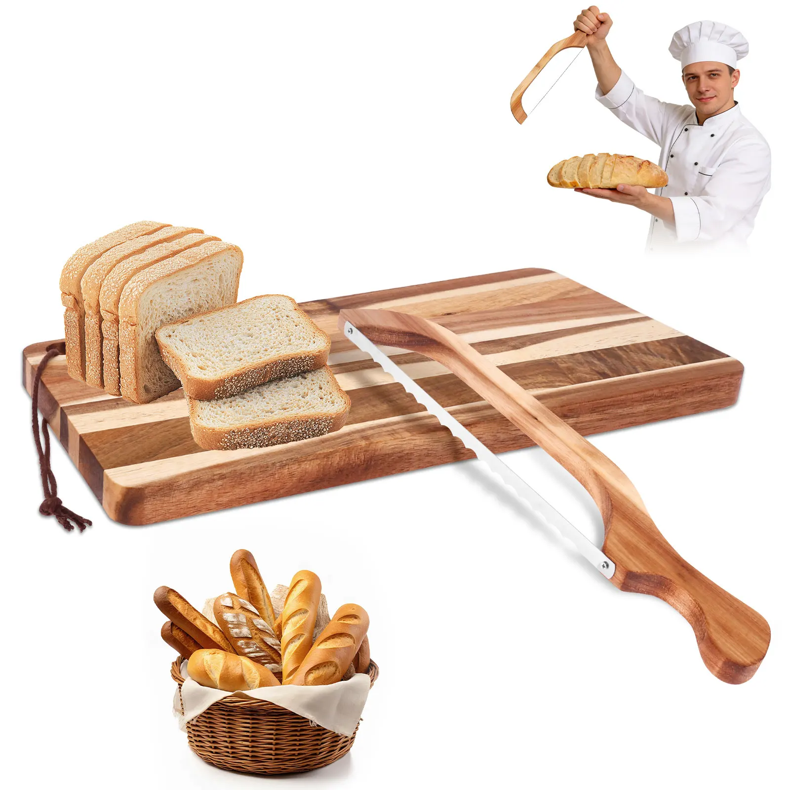 

Bread Cutter and Board Set Ergonomic Manual Bread Slicer with Wooden Serving Tray for Left and Right Hands Baking Lovers