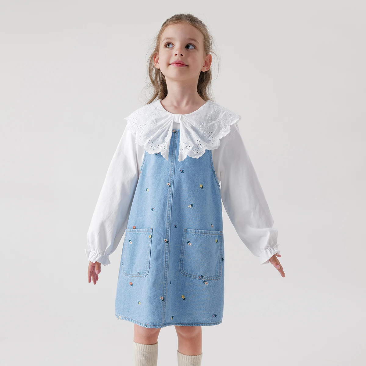 

MARC&JANIE Girls Embroidered Overalls Cotton Denim Strappy Dress Children's Dresses for Spring 240109