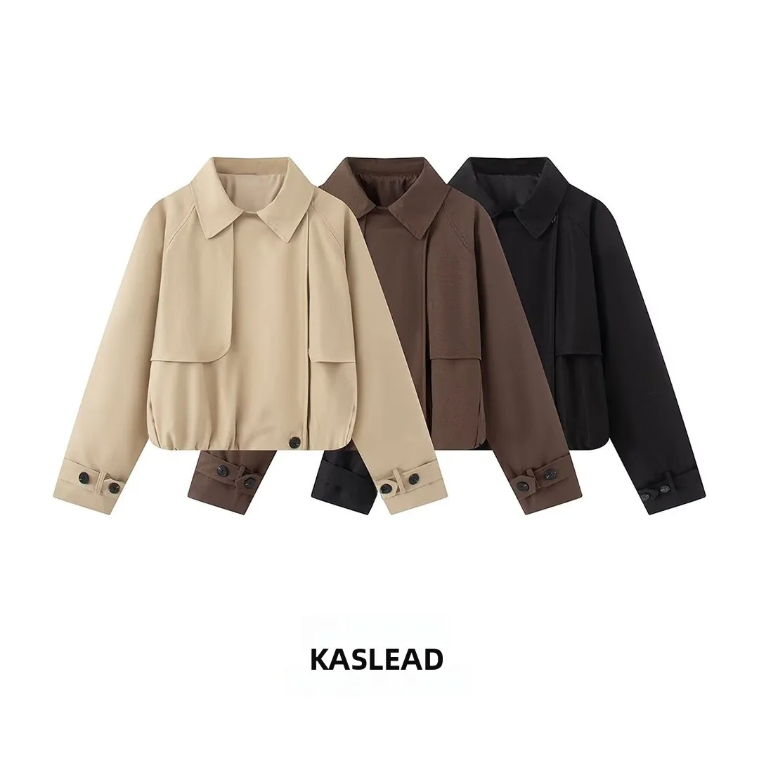 KASLEAD New Fashionable Short Casual Puffy Effect Windbreaker Women's Street Style Polyester Fiber Long Sleeve Button Coat