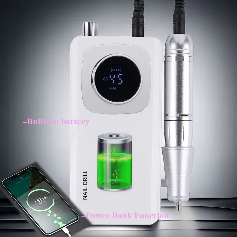 Perceuse à ongles Rechargeable haute vitesse 45000 tr/min, avec LCD, ponceuse professionnelle pour vernis à ongles, ensemble d'accessoires pour ongles