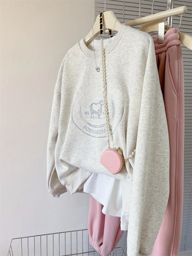 

Korean Style Fleece Lined Thickened Hoodie Women's Loose Sweatshirt Retro Sheep Lettering Autumn Winter Outerwear Jacket