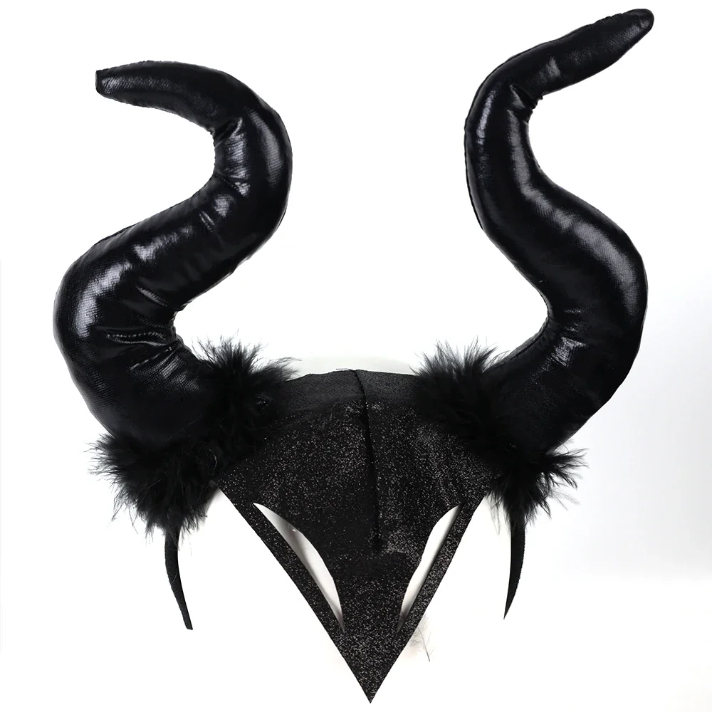 New Women Halloween Long Demon Ox Horn Headband Evil Queen Glitter Hair Hoop Cosplay Costume Magic Witch Headpiece Accessory