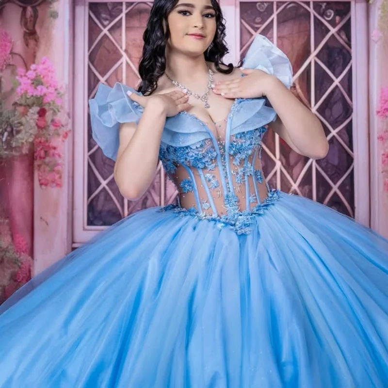 

Синие платья Quinceanera по индивидуальному заказу с открытыми плечами и аппликацией из пайеток, длинный хвост, тюль, кружевное многослойное платье 15, Quinceanera