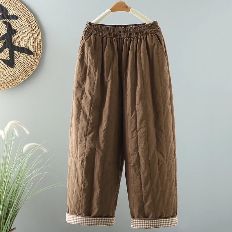 سراويل قطنية كاجوال أنيقة للنساء شتوية من Thiened Fce لون نقي هارلان فضفاضة مستقيمة الساق