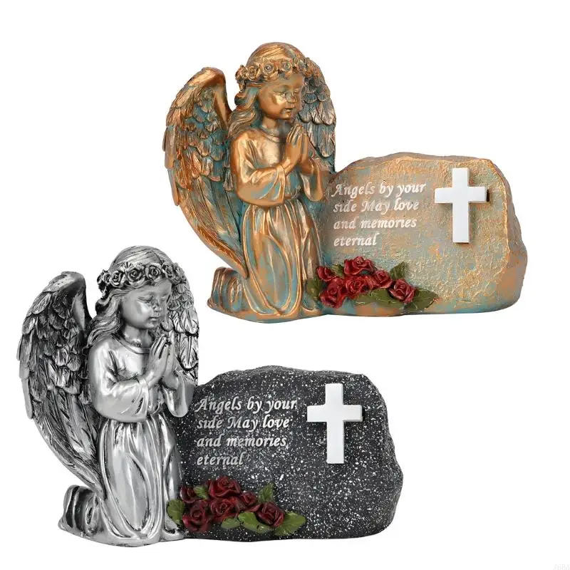 Estatuilla ángel rezando LED J6BA, cruces iluminadas solares para decoración jardín y patio, estatua conmemorativa, adorno