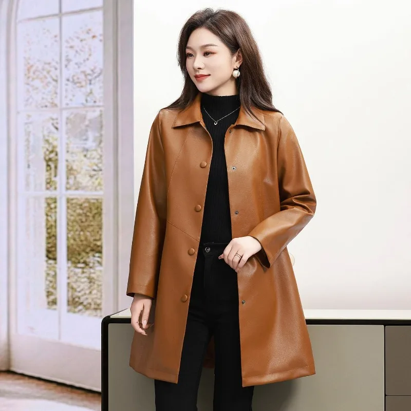 2026 Spring and Autumn Casual Fashion Lapel Temperament Straight Medium and Long Thin Leather Jacket Women's Jacket trench coat