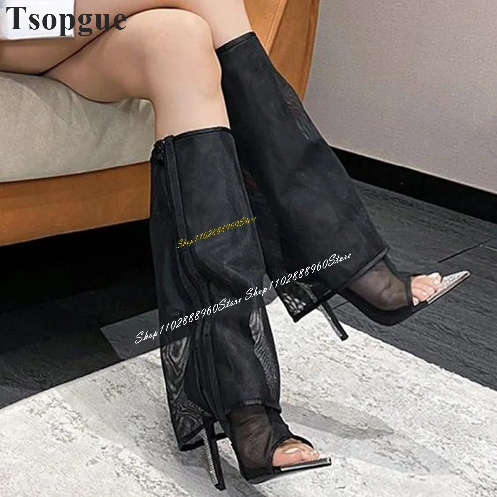 Knee High Turned Over Black Air Mesh Sandal Boots Thin High Heel Women Shoes Side Zipper Open Toe 2024 Sexy Zapatos Para Mujere