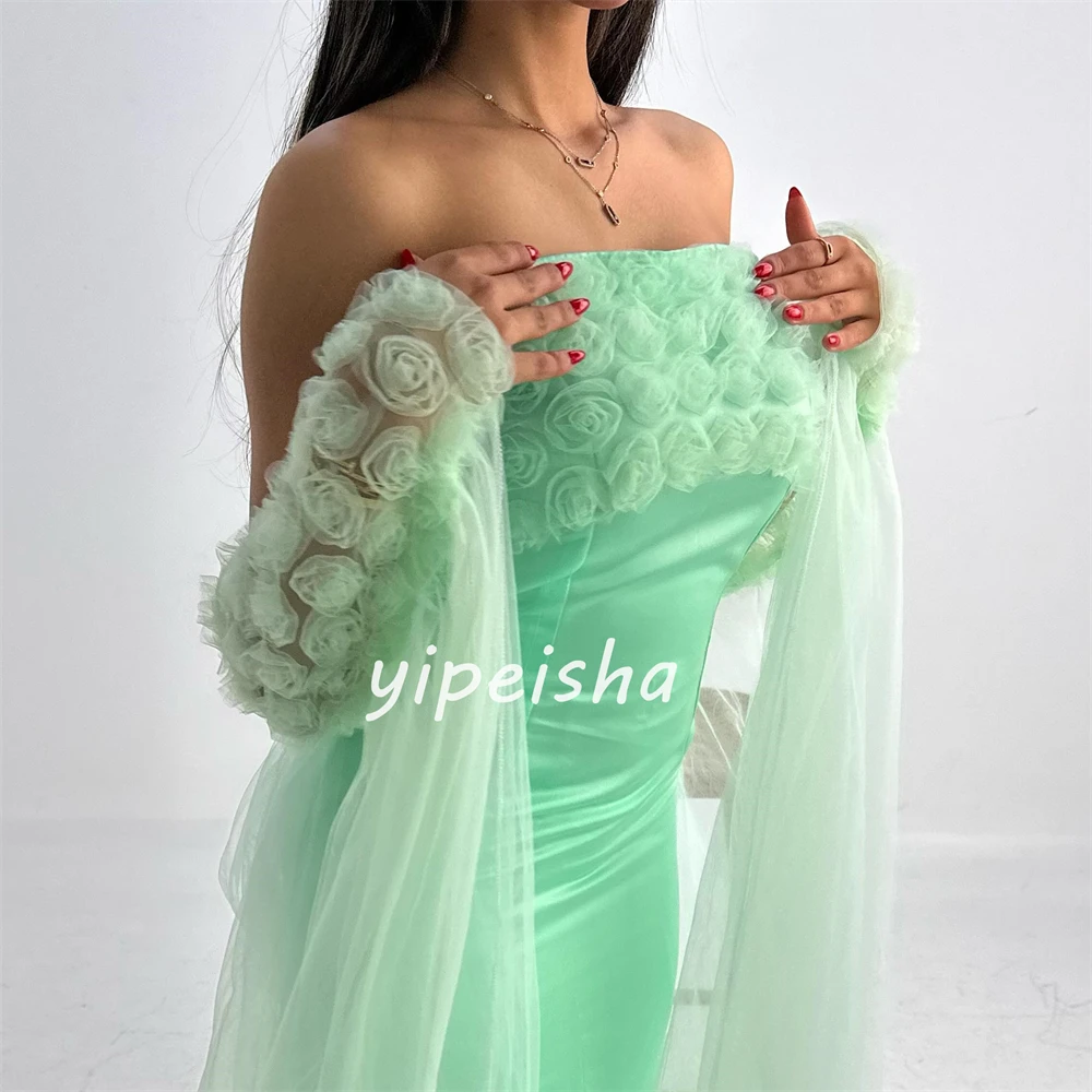 Jersey Flower Ruched Quinceanera A-line Strapless Bespoke Occasion Gown Midi Dresses