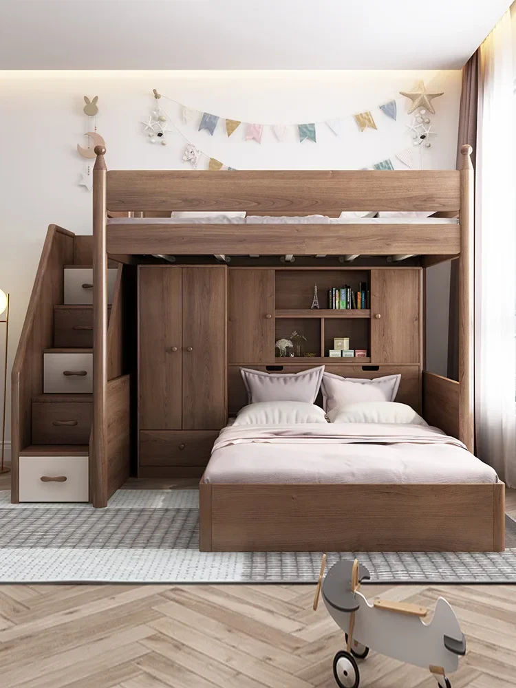 

-Staggered Bunk Bed, Staggered High And Low Bed With Desk, Wardrobe, Small Apartment, Upper Bed, Lower Table,