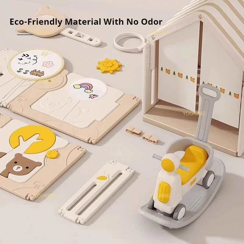 Cartoon Design Baby Playpen Bed with Guardrail for Home and Baby Room, with Swing, Slide and Mat