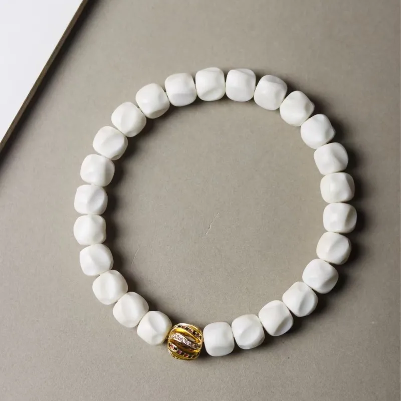 Gold-Plated Copper, Openwork Design, Antique-Style Bead Inlaid With Dry-Polished White Jade Bodhi Beads