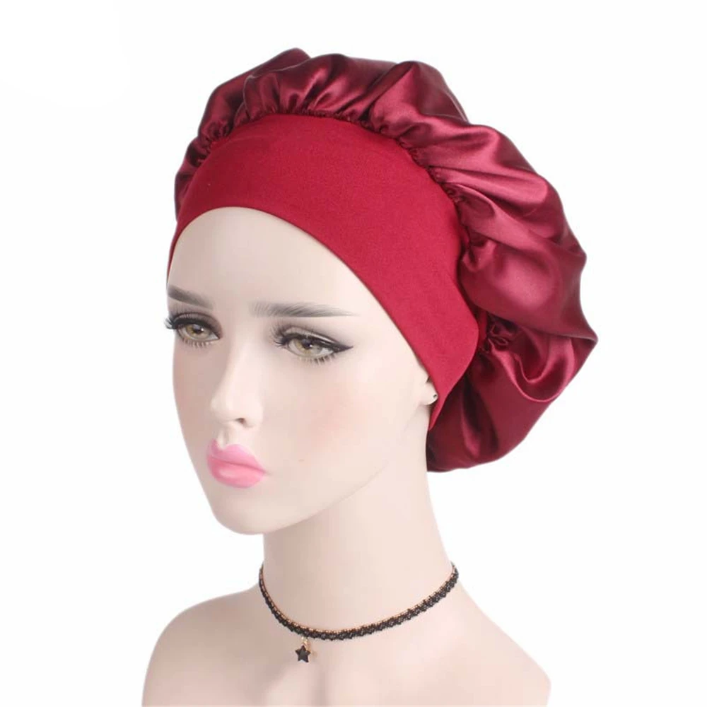 Newly Women\'s Satin Solid Sleeping Hat Night  Hair Care Bonnet Nightcap For Women Men Unisex Cap