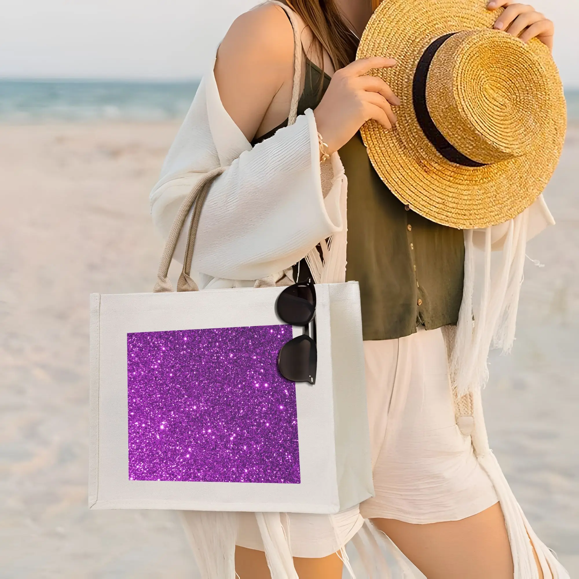 

Фиолетовые блестящие сумки для покупок с глиттером, холщовая сумка-тоут, многоразовая, для женщин, на плечо, дорожная сумка
