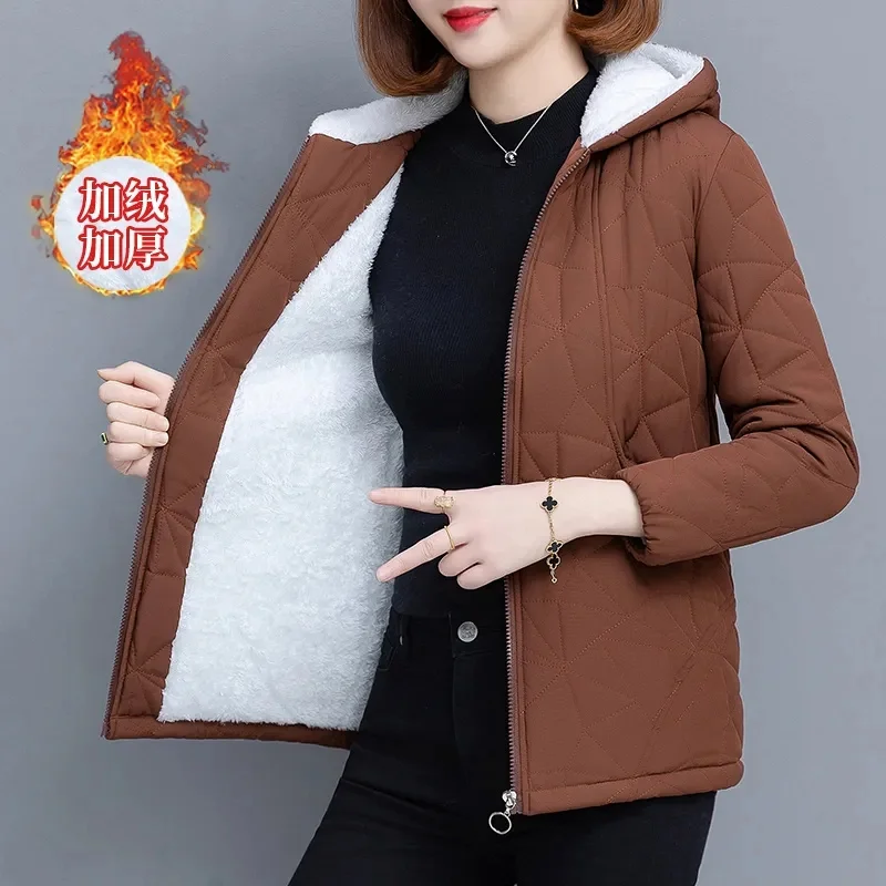 New Hooded Plus Velvet Cotton-Padded Jacket Women Parkas 2024 Warm Cotton Padded Coat Winter Slim Outerwear Fashion Female Tops