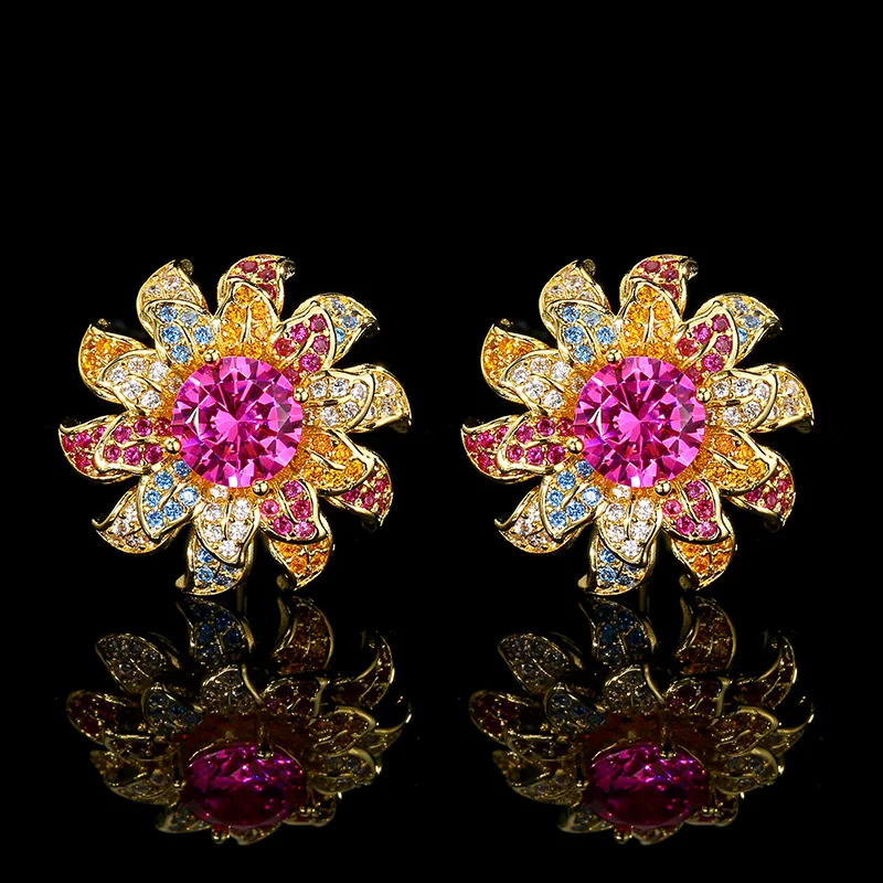 

Colorful Flower Shape Jewelry Adjustable Ring Necklace Earrings with Pink Cubic Zirconia Vintage Boho Style for Women Party Gift