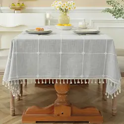 Plaid Table Cloth Rectangle Table, Cotton Linen Tablecloths Farmhouse Tablecloth, Soft and Wrinkle Free Table Cover with Tassels