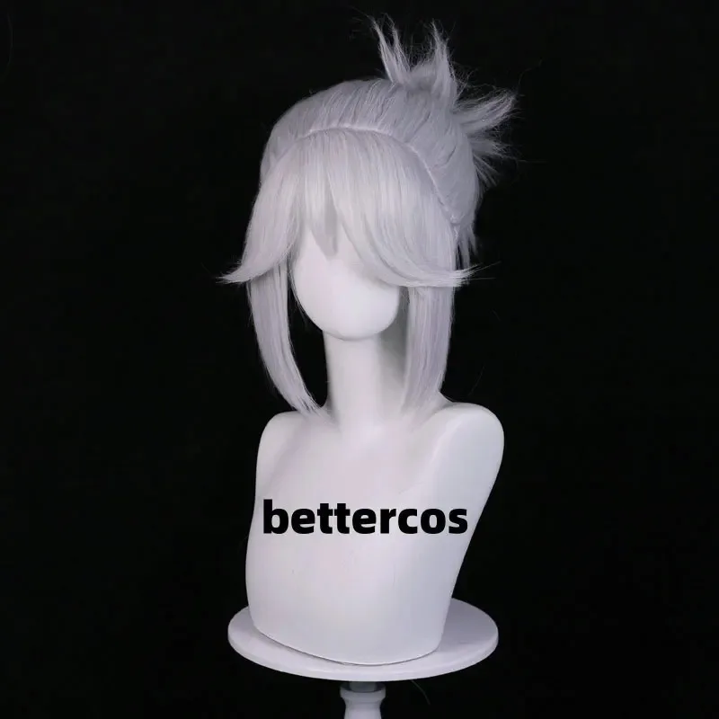 CyGame Valorant Jett شعر مستعار تأثيري جيت فضي أبيض فضي رمادي شعر مستعار مقاومة للحرارة الاصطناعية خصلات الشعر المستعار + قبعة شعر مستعار