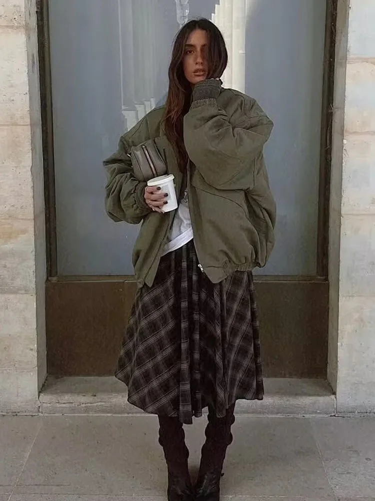 HH Vrouw Mode Losse Rits Rok Vrouwen Chic Plaid Geplooide decoratie Midi Rok Casual Hoge Taille Street Style Rok 2 Kleuren