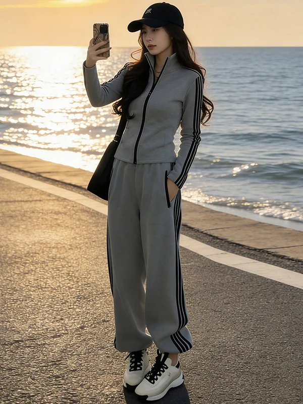 

Women's Running Sportswear Casual Set Spring Gray Jacket High Waist Pants Two-Piece Set Comfortable Long Sleeve High Neck