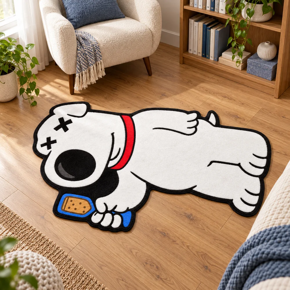 Funny Anime Passed Out White Dog Irregular Rug,Soft Flannel Non-Slip Floor Mat for Bedroom Living Room Pet Corner Decor Gift